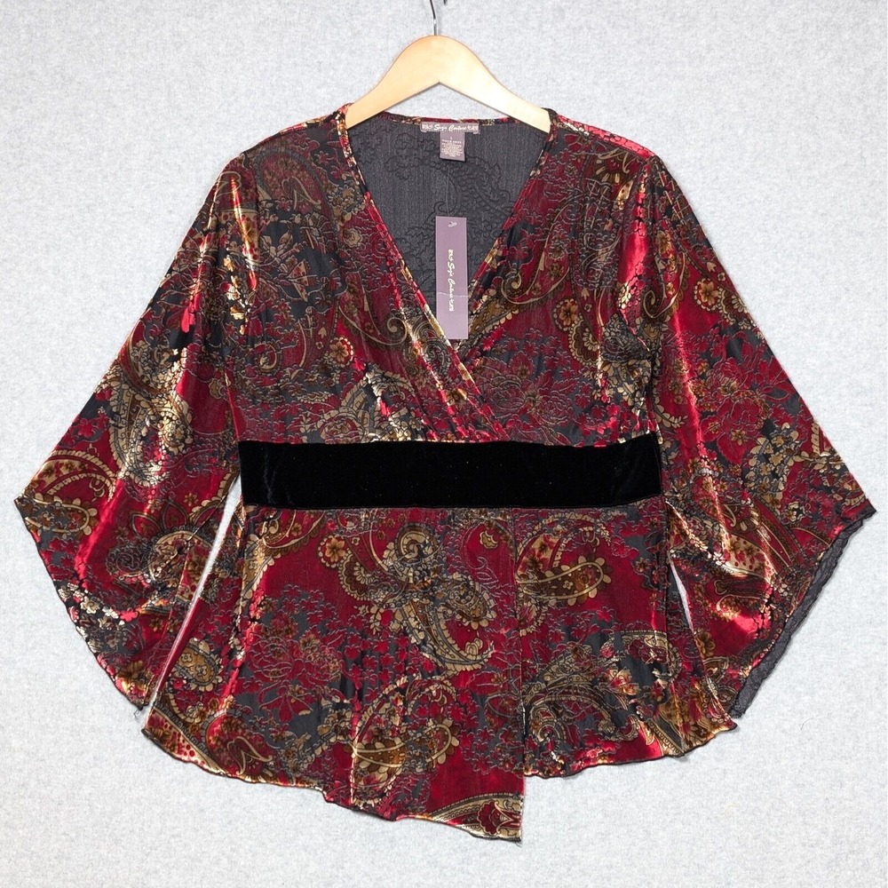 Velvet Boho Goth Top Womens Large V-Neck Embossed Paisley Whimsigoth Suzie C.